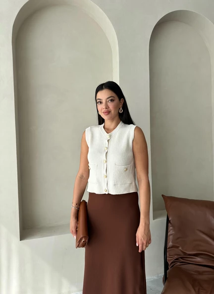 Ekru Sophia Cepli Düğmeli Triko Süveter - 4