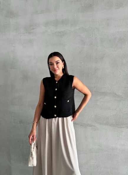 Siyah Sophia Cepli Düğmeli Triko Süveter - 4