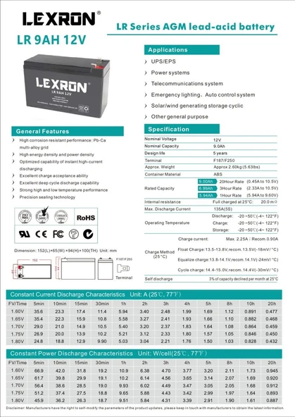 Lexron 9AH 9A 12V AGM AKÜ - Resim 2
