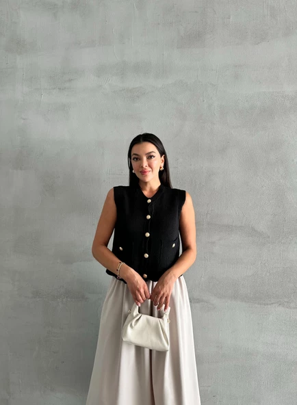 Siyah Sophia Cepli Düğmeli Triko Süveter - 7