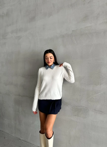Kemik Lady Polo Yaka Aksesuarlı Kazak - 7