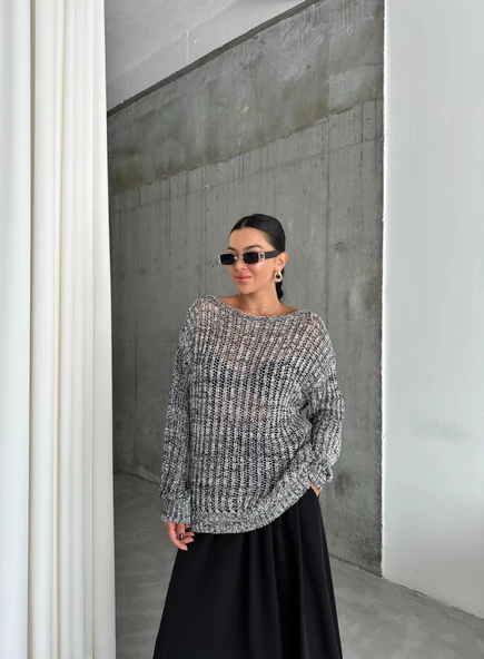 Siyah-Ekru Lace Kayık Yaka Pullu Kazak - 8