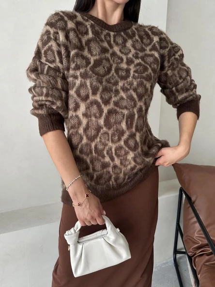 Kahve Fiona Bisiklet Yaka Leopar Desenli Kazak - 3