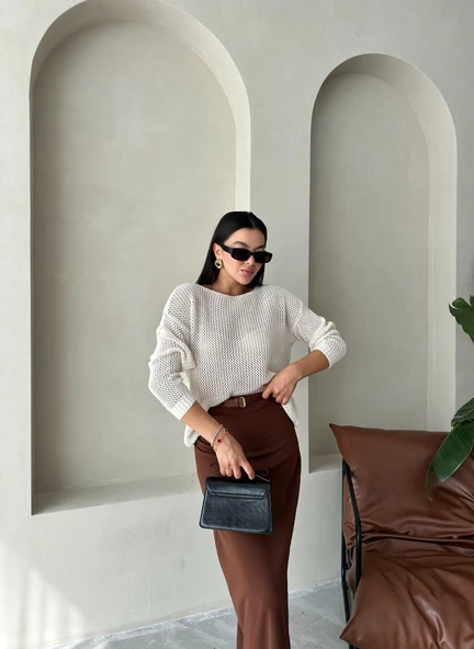 Krem Blossom Ajurlu Rahat Kesim Kazak - Resim 4