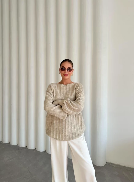 Açık Bej Kayık Yaka Fitilli Oversize Kazak - 6