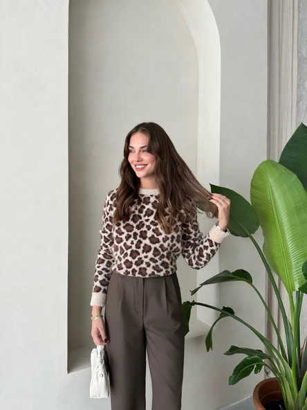 Taş-Kahve Melody Leopar Desenli Kazak - 3