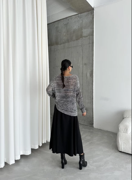 Siyah-Ekru Lace Kayık Yaka Pullu Kazak - 9
