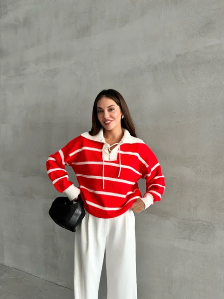 Kırmızı Mike Polo Yaka Kırmızı Çizgili Önü Bağcık Triko Kazak - Resim 5