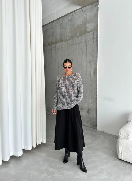 Siyah-Ekru Lace Kayık Yaka Pullu Kazak - 7
