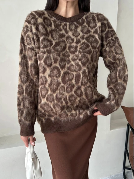 Kahve Fiona Bisiklet Yaka Leopar Desenli Kazak