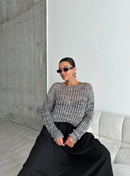 Siyah-Ekru Lace Kayık Yaka Pullu Kazak - 6