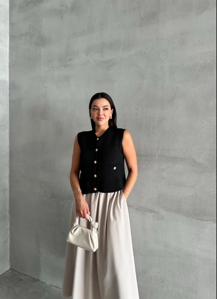 Siyah Sophia Cepli Düğmeli Triko Süveter - 3