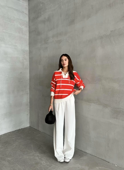 Kırmızı Mike Polo Yaka Kırmızı Çizgili Önü Bağcık Triko Kazak - Resim 3