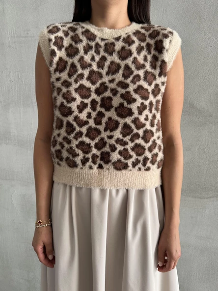 Taş-Kahve Leopar Desenli Yumoş Süveter - 2