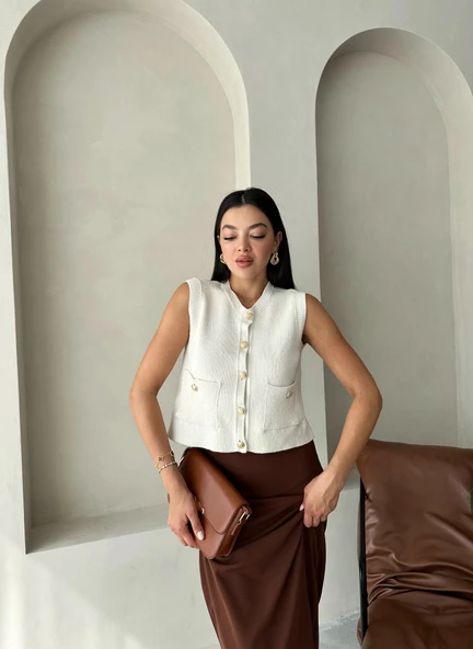 Ekru Sophia Cepli Düğmeli Triko Süveter - 5