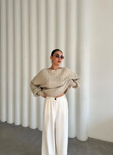 Açık Bej Kayık Yaka Fitilli Oversize Kazak - 5