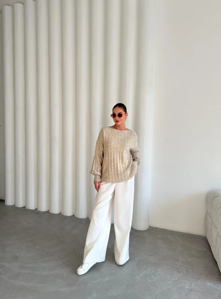 Açık Bej Kayık Yaka Fitilli Oversize Kazak - 8