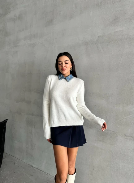 Kemik Lady Polo Yaka Aksesuarlı Kazak - 5
