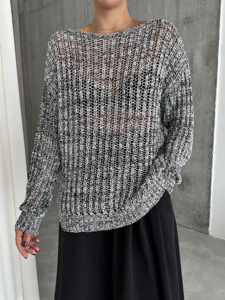 Siyah-Ekru Lace Kayık Yaka Pullu Kazak - 2