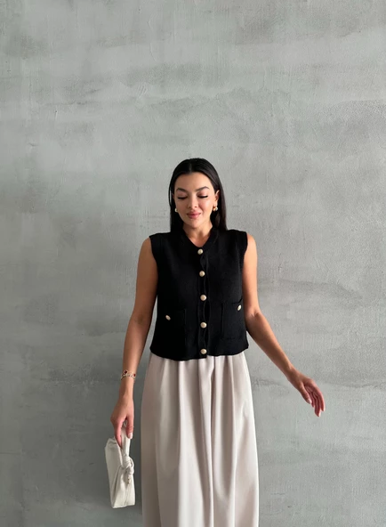 Siyah Sophia Cepli Düğmeli Triko Süveter - 6