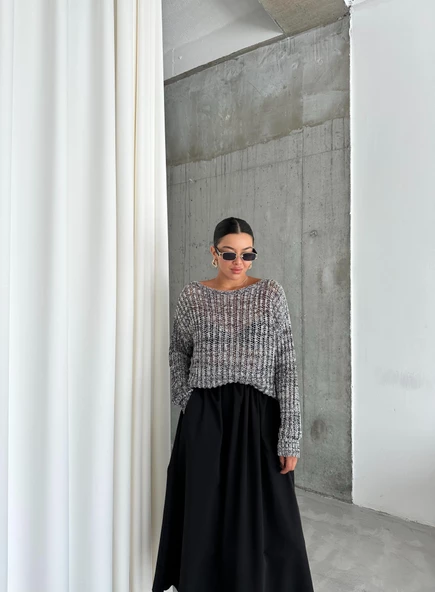 Siyah-Ekru Lace Kayık Yaka Pullu Kazak - 4