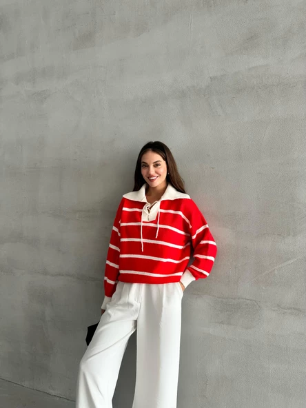 Kırmızı Mike Polo Yaka Kırmızı Çizgili Önü Bağcık Triko Kazak - Resim 6