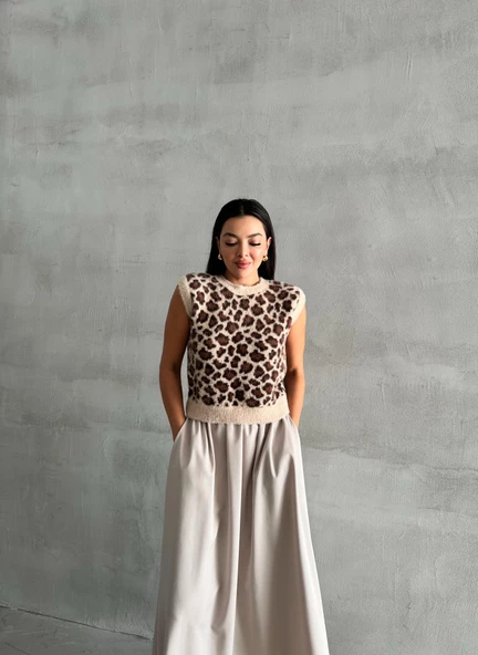 Taş-Kahve Leopar Desenli Yumoş Süveter - 3