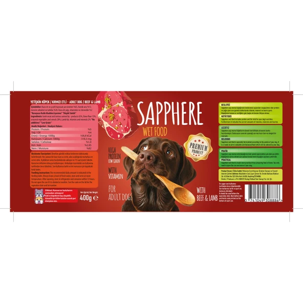 Sapphere Kırmızı Etli Yetişkin Köpek Maması Konserve 400 Gr 12 Adet - 6