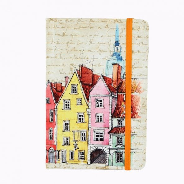 Renkli Evler Küçük Boy Sert Kapak Lastikli Çizgisiz Defter