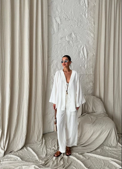Ekru Boncuklu Kimono Keten Takım - 4