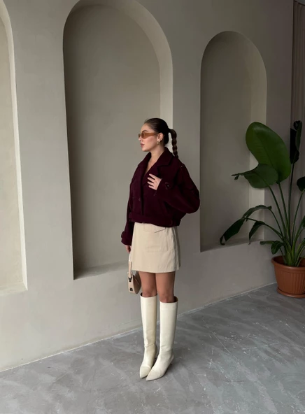 Bordo Kısa Kemerli Kaşe Ceket - 5