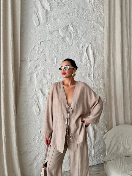 Vizon Boncuklu Kimono Keten Takım - 6