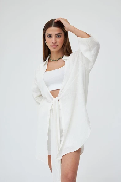 Beyaz Flam Keten Kimono Gömlek - 7