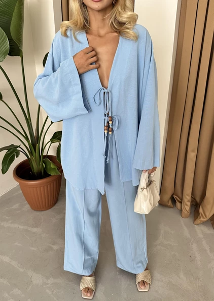 Mavi Boncuklu Kimono Keten Takım