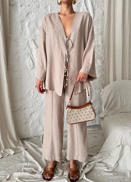 Vizon Boncuklu Kimono Keten Takım