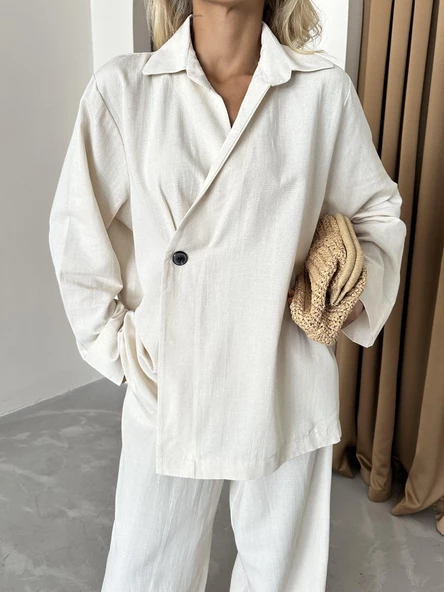 Natural %100 Pamuk Kruvaze Kapama Tek Düğmeli Kimono Pantolon Takım - 2