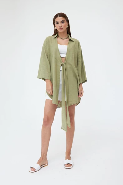 Haki Flam Keten Kimono Gömlek - 2