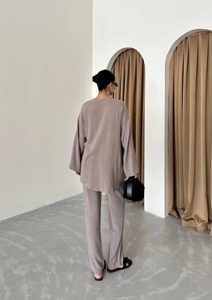 Vizon Kruvaze Pamuklu Kimono Pantolon Takım - 8
