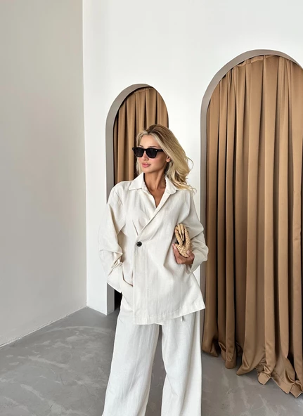 Natural %100 Pamuk Kruvaze Kapama Tek Düğmeli Kimono Pantolon Takım - 7