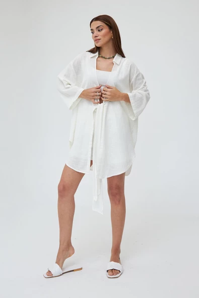 Beyaz Flam Keten Kimono Gömlek - 10