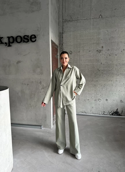Haki %100 Pamuk Kruvaze Kapama Tek Düğmeli Kimono Pantolon Takım - 5