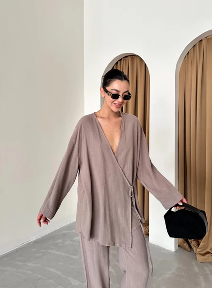 Vizon Kruvaze Pamuklu Kimono Pantolon Takım - 3