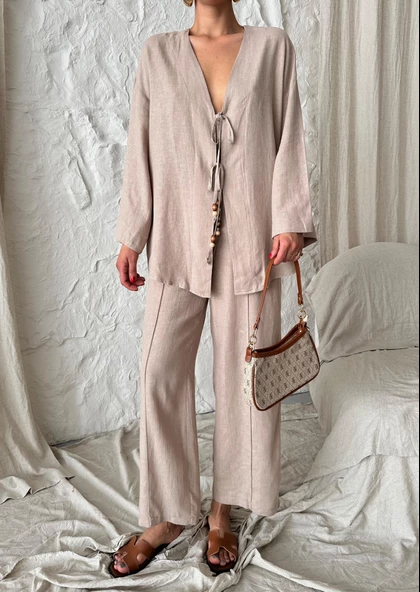 Vizon Boncuklu Kimono Keten Takım - 2