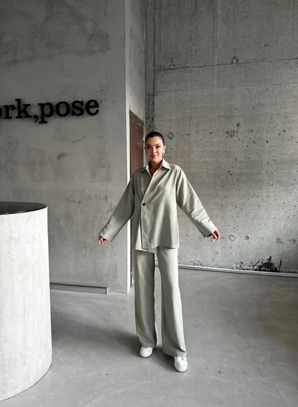 Haki %100 Pamuk Kruvaze Kapama Tek Düğmeli Kimono Pantolon Takım - 8