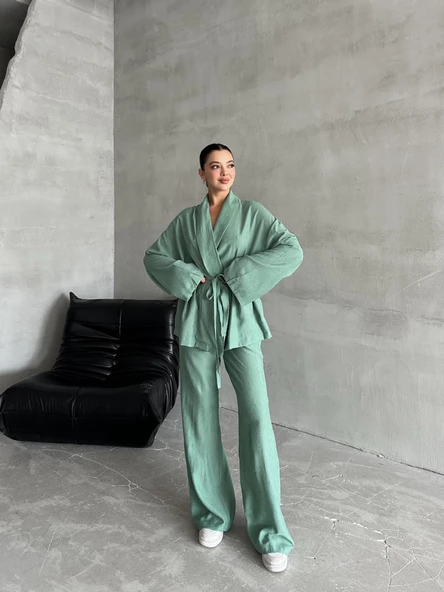 Mint Şal Yaka Kimono Pantolon Takım - 3