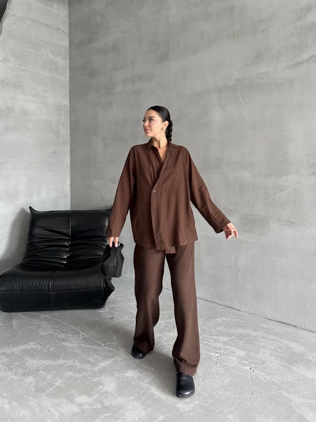 Kahve %100 Pamuk Kruvaze Kapama Tek Düğmeli Kimono Pantolon Takım - 4