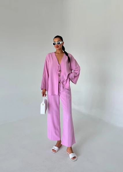 Pembe Boncuklu Kimono Keten Takım - 4