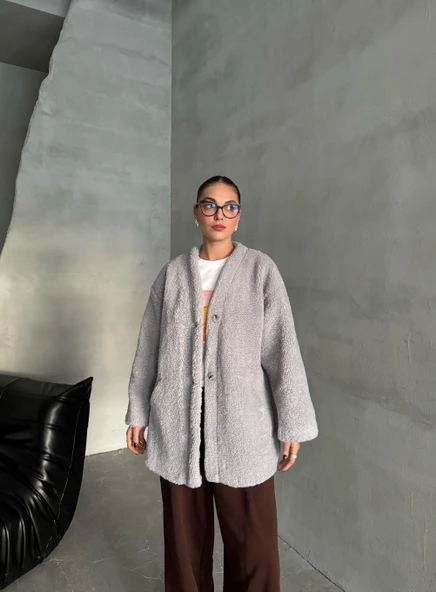 Gri Lilyum Düz Kesim Bürümcük Ceket - 9