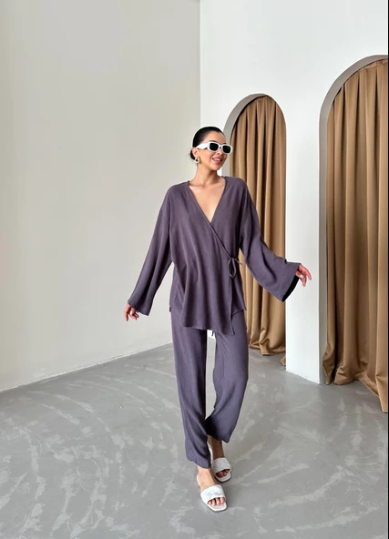 Antrasit Kruvaze Pamuklu Kimono Pantolon Takım - 5