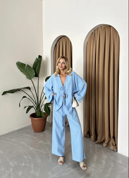 Mavi Boncuklu Kimono Keten Takım - 6